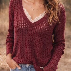 Abercrombie Open Knit V Neck Sweater Dusty Rose Boho Small